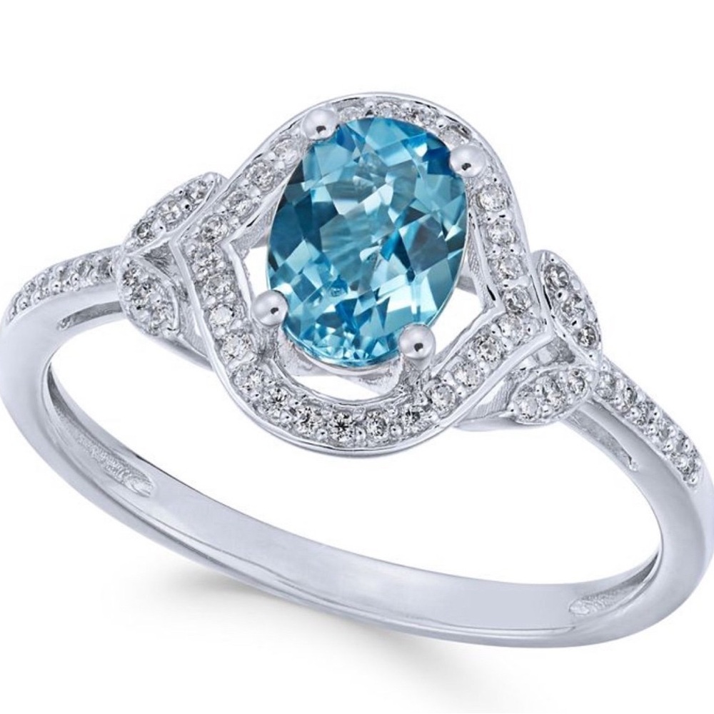 SOLD Natural Blue Topaz & Diamond Ring in 14k White Gold NWT $1200